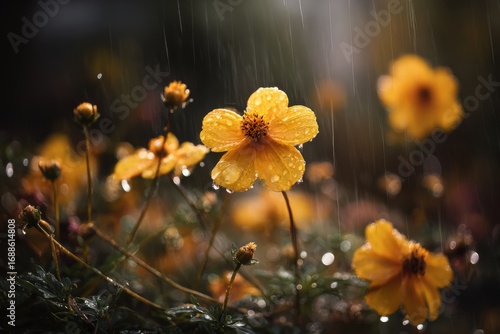 Yellow flowers in rain, glistening drops