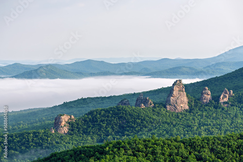 Obraz na plátně Morning Mist over Lama Mountain, Balin Town, Yakeshi City, Inner Mongolia Autono
