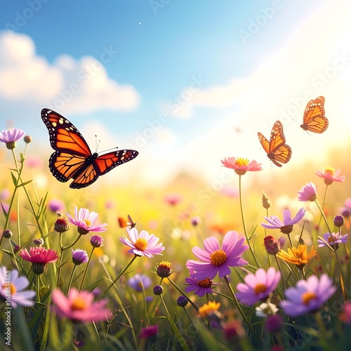 Butterflies in a field of flowers