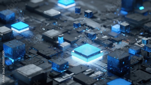 Abstract digital circuit board with glowing cubes (2)