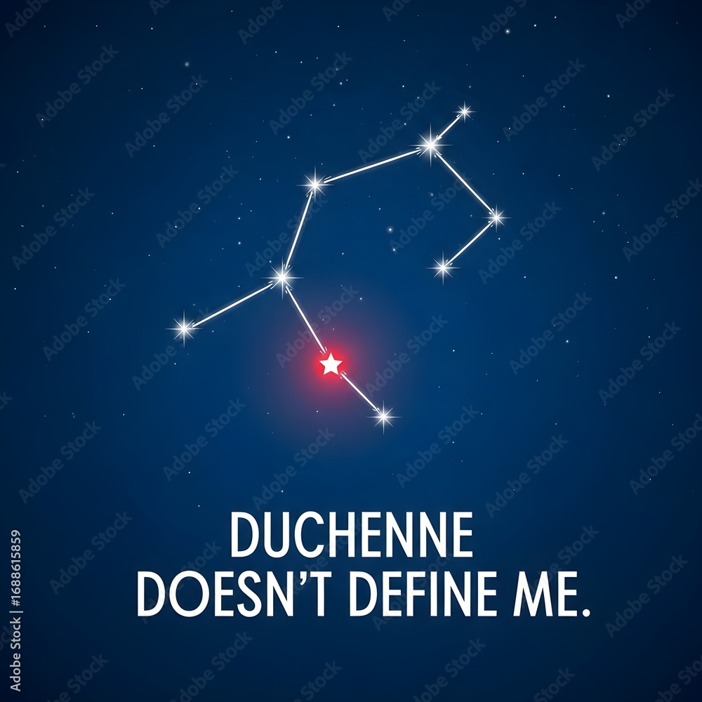 custom made wallpaper toronto digitalAn illustration of a star constellation with a single red glowing star, and the text "DUCHENNE DOESN'T DEFINE ME." below, symbolizing strength against Duchenne Muscular Dystrophy.