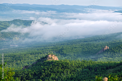 Fotografie Morning Mist over Lama Mountain, Balin Town, Yakeshi City, Inner Mongolia Autono