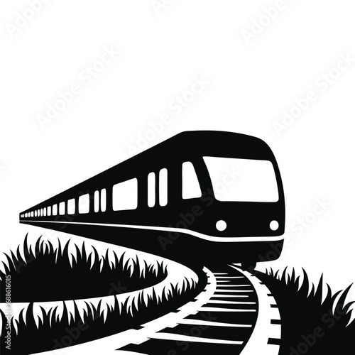 Black train on curved railway tracks with grass transportation