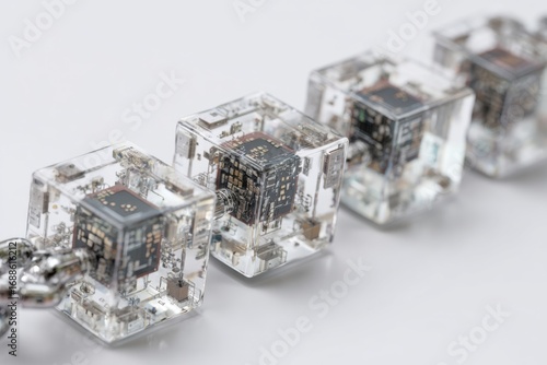 Clear cubic modules, likely sensors, in a row