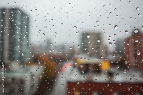 Rain-streaked cityscape view through a window.  Blurred city buildings, rooftops, and street through a pane of glass covered in raindrops.  Soft light, overcast day