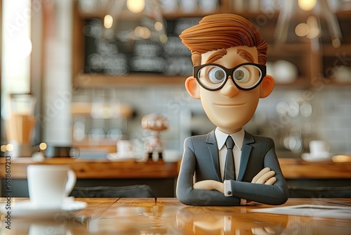 Detailed Color Image of 3D Rendering of Cartoon Character Businessman with Glasses in a Cafe
