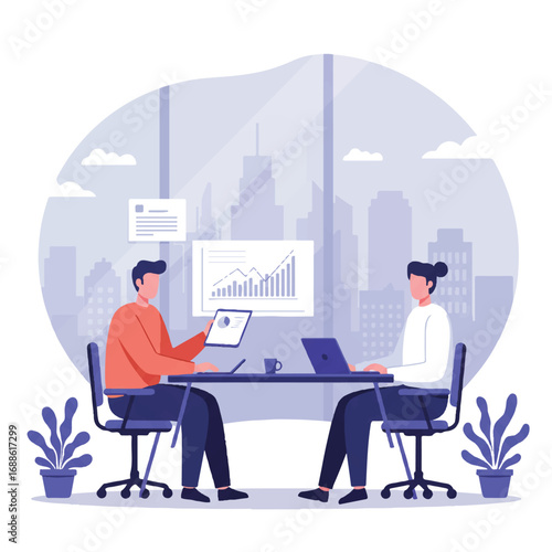 Two business professionals collaborate in a modern office, one presenting a graph on a tablet to an attentive colleague, against a city skyline view in a clean 2D flat vector style.