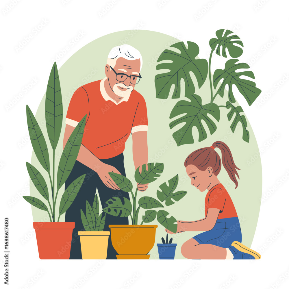 Fototapeta premium Grandfather and Granddaughter Planting Indoor Plants Illustration