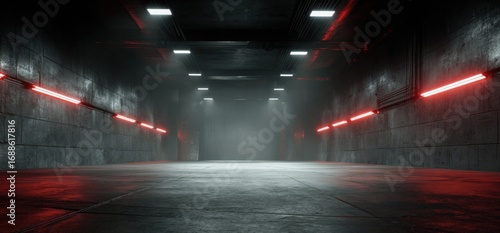 Long, dark tunnel lit by red neon lights