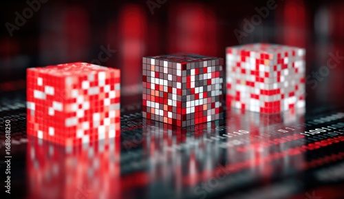 Three pixelated cubes, red and gray, on a dark surface with code-like patterns