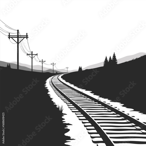 Railroad tracks curve through a silhouetted landscape with telephone poles