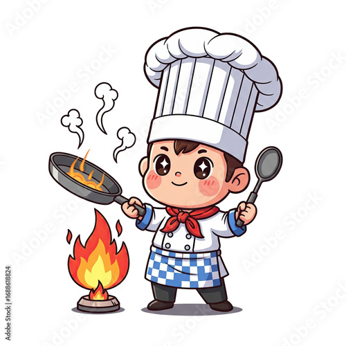 Isolate transparent Cheerful Cartoon Chef Cooking with Flames and Frying Pan in a Kitchen Setting Isolate transparent