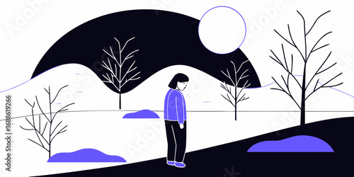 A solitary person stands amidst a minimalist, wintry scene. Bare trees, rolling hills, and a stark sun create a monochromatic, contemplative atmosphere with bold lines and sparse elements. AI generate