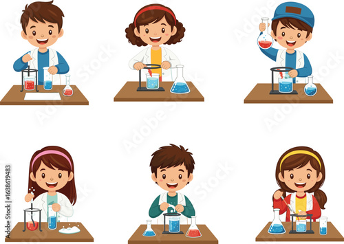 Happy kids conducting fun science experiments in lab coats with beakers and test tubes, learning chemistry, education, STEM, teamwork, children, science activity