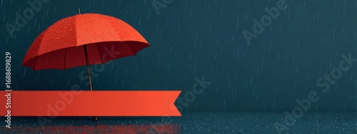 Red umbrella shielding from rain, with a red ribbon banner
