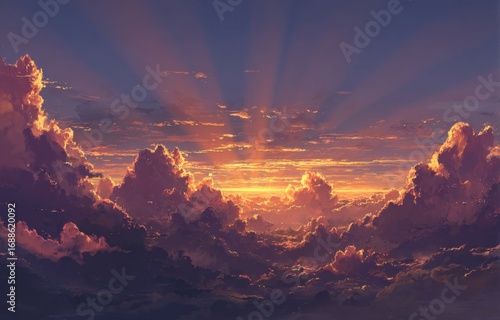 Sunset through a blanket of clouds.  Sunrise rays piercing the clouds.  Vibrant colors.  Celestial scene