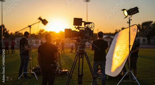 Film Crew Shooting Outdoors with Camera and Lighting Equipment – Cinematic Behind the Scenes