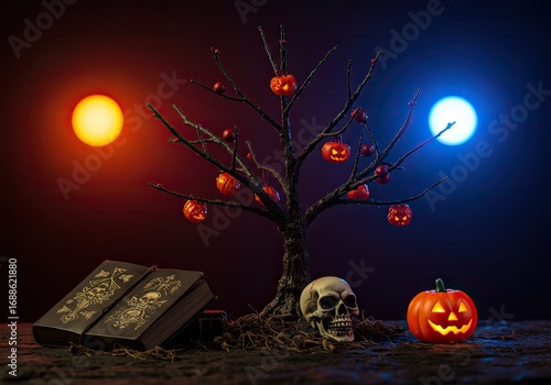 small tree with spell book and skull for halloween night