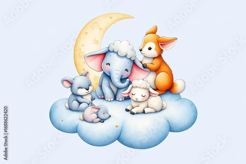 Cute Cartoon Animals on a Cloud Under the Moon