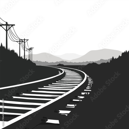 Train tracks curving through a grayscale landscape with distant mountains