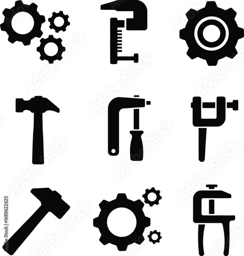 Mechanical engineering, tools, and gears icon set. Hammer and clamp symbols for repair, machinery, and industrial design.