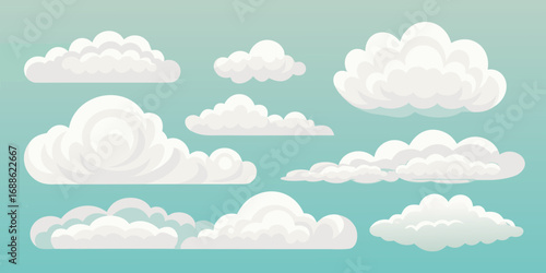 Collection of fluffy white cartoon clouds scattered across a clear light blue sky background
