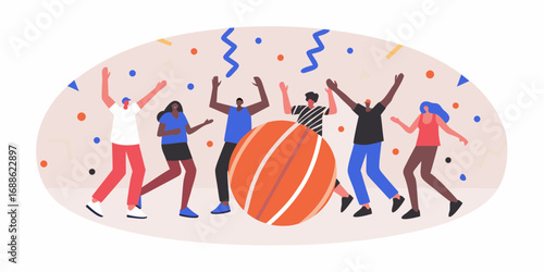 Diverse group of people celebrating and dancing around a large orange ball with confetti and streamers