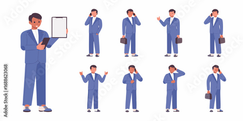 Collection of cartoon businessman characters in blue suits performing various actions and holding devices
