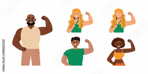 Diverse group of smiling people flexing their muscles to show strength and confidence
