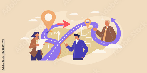 Diverse business people planning and navigating a complex road map with destination markers and arrows