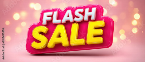 Flash sale sign in bold yellow and white 3D text on pink glossy badge with bokeh background conveying excitement and urgency