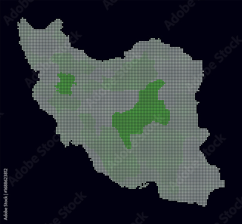 Iran dotted map. Digital style map of the country on dark background. Iran shape with square dots. Colored dots style. Small size squares. Trending vector illustration.