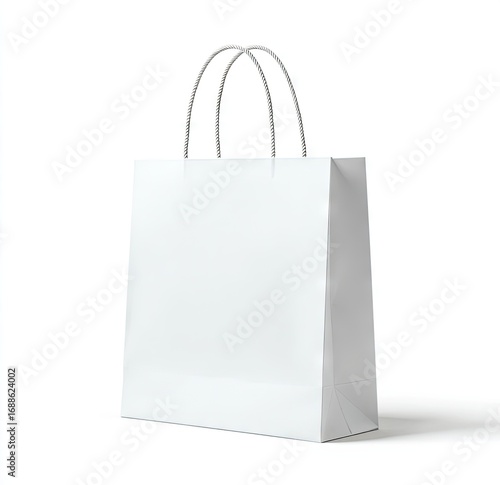 A pristine white paper shopping bag with slightly curved, silver-toned handles stands on a white background, casting a subtle shadow