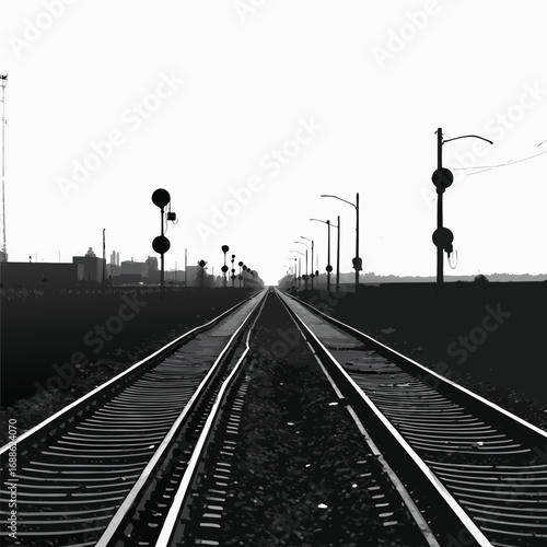 Train tracks receding into distance with signals and cityscape