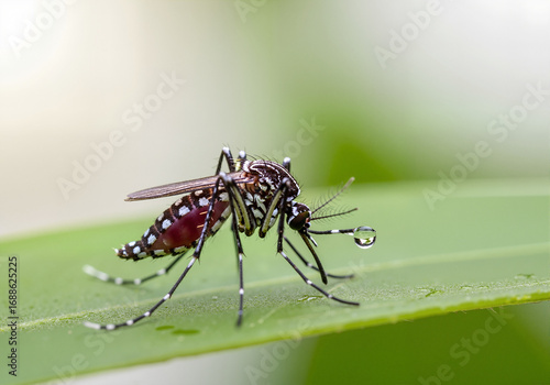 Mosquito bite on green leaf displays mosquito bite and potential infection, including chikungunya virus. Mosquito bite shows infectious disease risk.