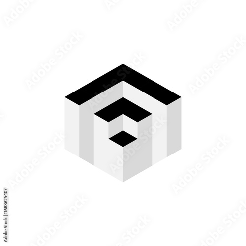 Isometric cube geometric logo in grayscale, abstract modern vector design for corporate branding.