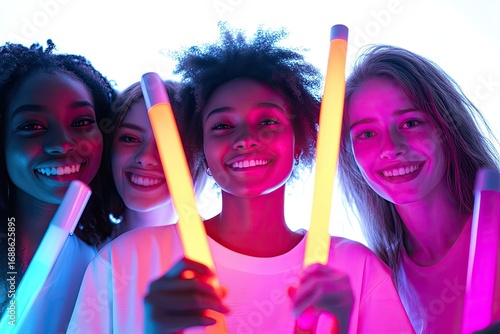 High Definition Picture of Cheerful People Holding Neon Light Sticks, Isolated on White Background