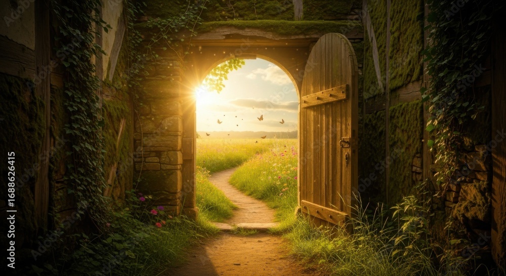 Obraz premium Sunlit Rustic Wooden Gate Opening to Meadow at Sunset in Countryside