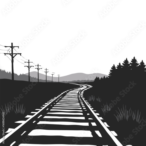 Winding railroad tracks with telephone poles and distant hills
