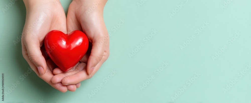 Fototapeta premium The hands holding a red heart symbolizing love and compassion.