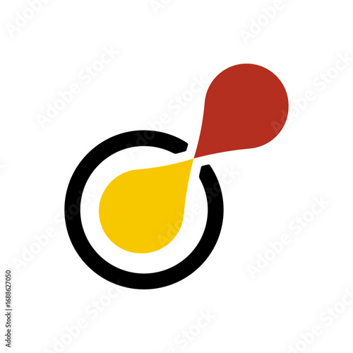 Abstract circular droplet logo with yellow and red elements in creative modern design for biotechnology, chemistry, research, laboratory, digital innovation, science, startup and branding identity