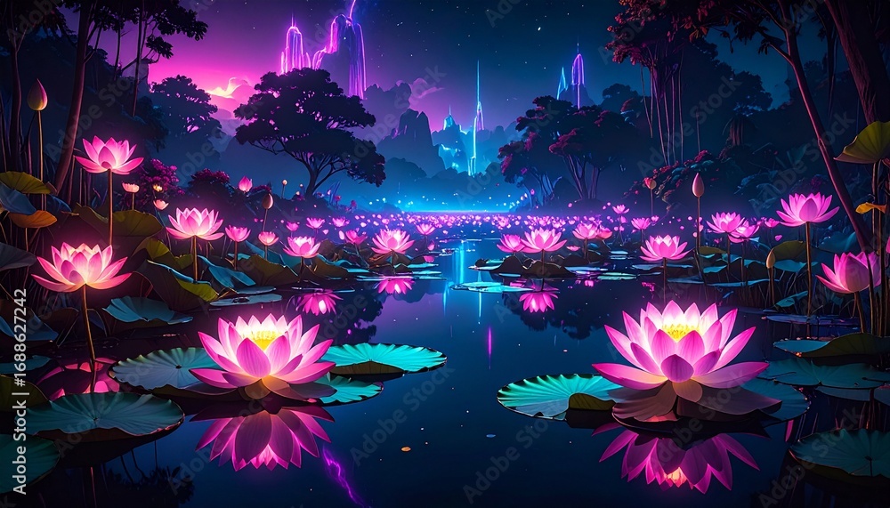 Fototapeta premium Neon glowing lotus pond with reflections