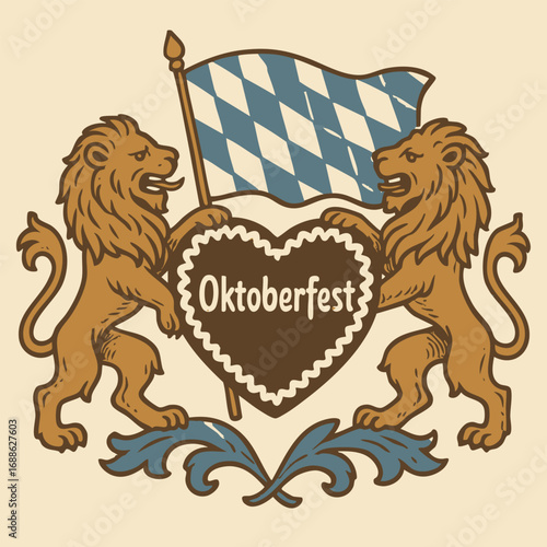 Bavarian Lion Crest with Oktoberfest Heart and Flag – Traditional Festival Emblem
