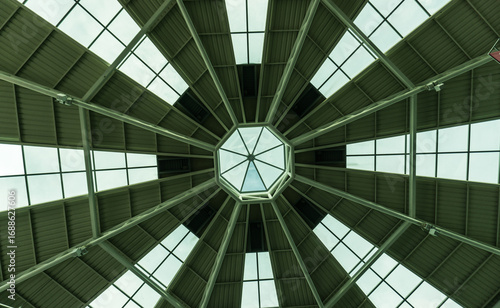 A striking view of a modern glass roof structure.