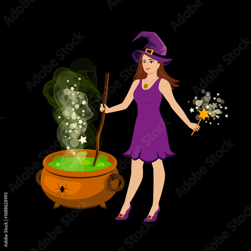 Beautiful halloween witch stirring a potion in a cauldron vector illustration. Pretty young woman witch in purple dress and hat icon on a black background. Halloween witch with magic wand and cauldron