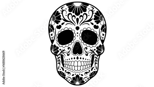 Day of the Dead Sugar Skull with Floral Patterns Vector Illustration, Isolated Silhouette on Transparent Background