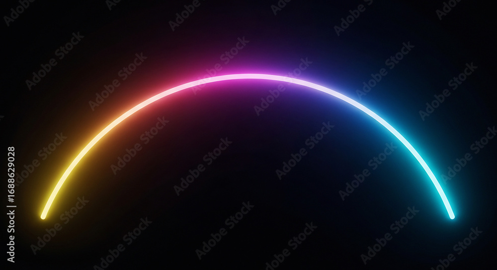Obraz premium Vibrant neon arc glows with a spectrum of colors from yellow to blue creating a dynamic curved light effect on a dark backdrop