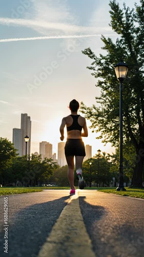 Young woman jogging in city park during sunset with skyline view  