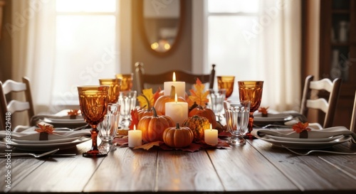 Autumn Thanksgiving Table Setting with Candles Pumpkins and Fall Leaves in Warm Lighting