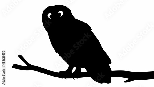 Silhouette of an owl perched on a branch with visible eyes and a solid black body against white space